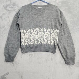 Vintage Russ Sweater Womens M PETITE Gray Wool Mohair Floral Crew Neck Pullover